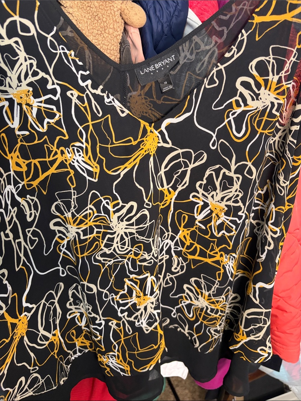 Lane Bryant Black V-Neck Blouse with Mustard and White Scribble Floral Print